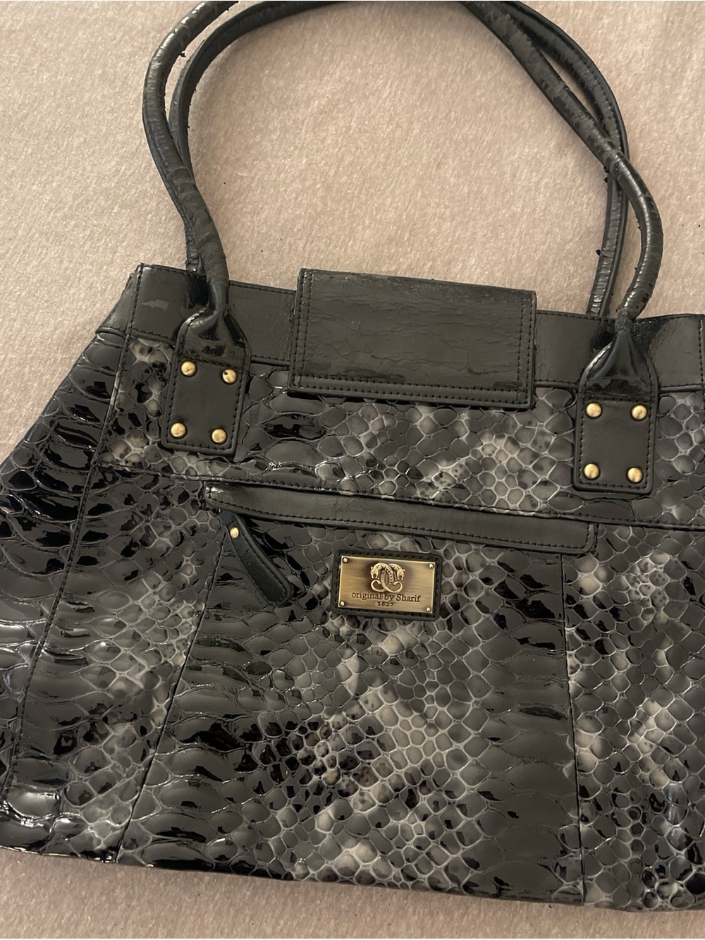 Black Embossed Patent Tote with Decorative Gem Accent - Picture 8 of 10